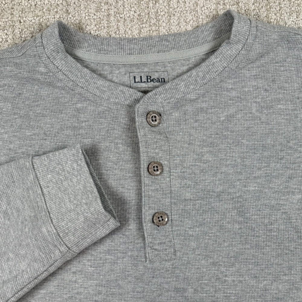 LL Bean Mens Large Gray Waffle Knit Cotton Traditional Fit Henley Shirt 502224
